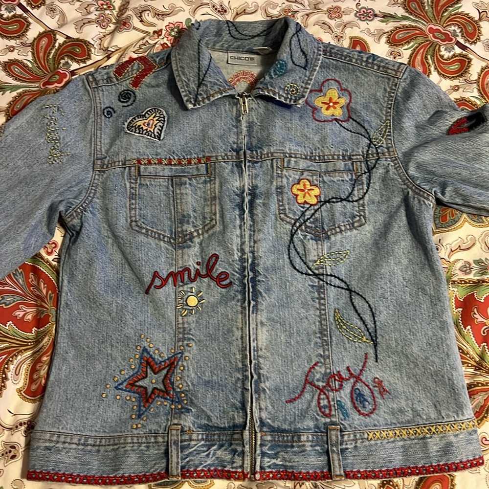 CHICO’S Denim Jean Jacket Love Dream Peace - Picture 6 of 10